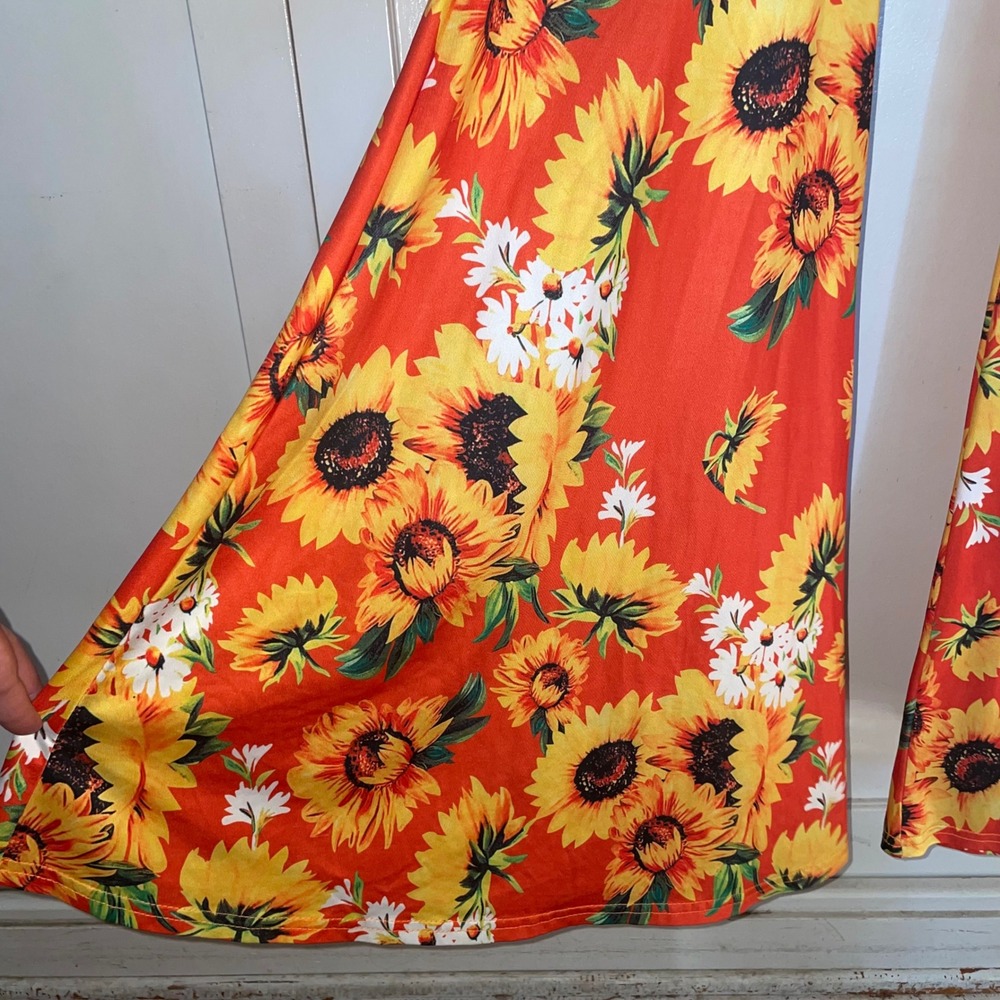 Womens Sunflower Bell Bottom Flare Pants orange stretch Floral Boho Retro XS - Picture 4 of 7